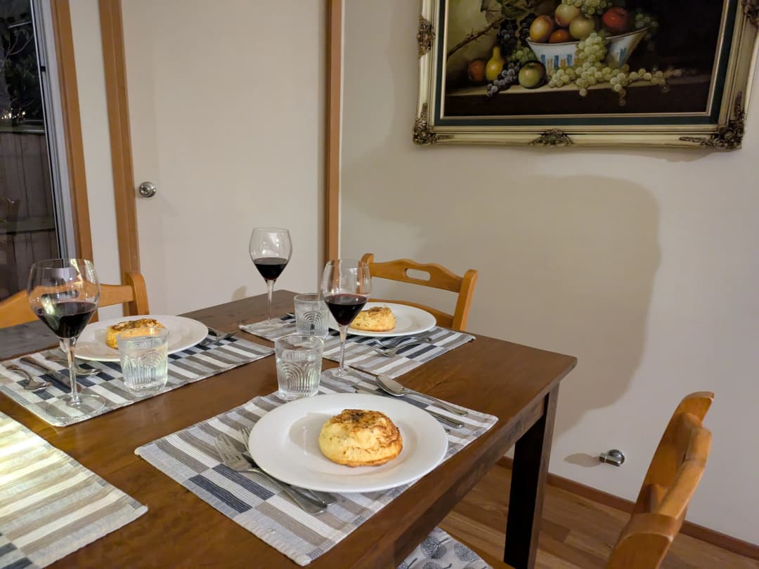 Goats cheese souffle starter with wine